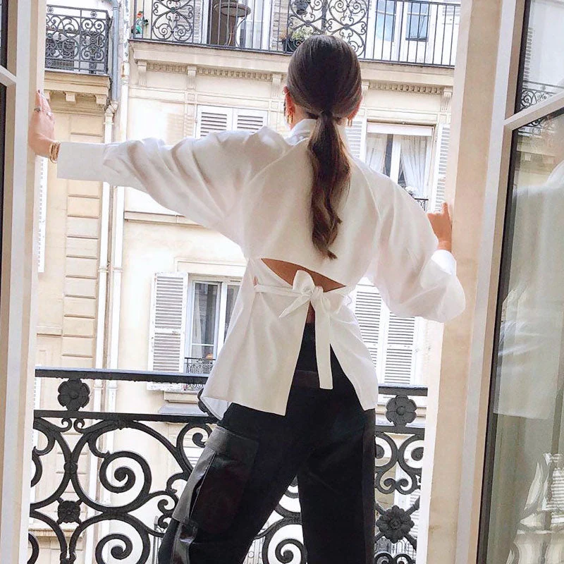 Modern Cut Out Open Back Long Sleeve Collared Button Up Belted Shirt - Image 2
