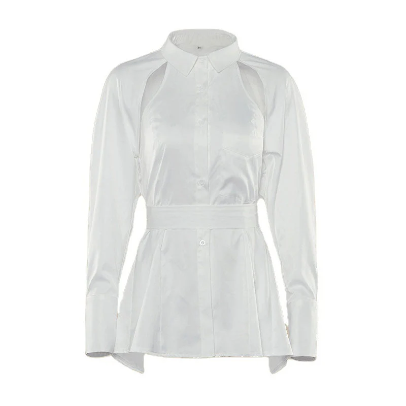 Modern Cut Out Open Back Long Sleeve Collared Button Up Belted Shirt - Image 3