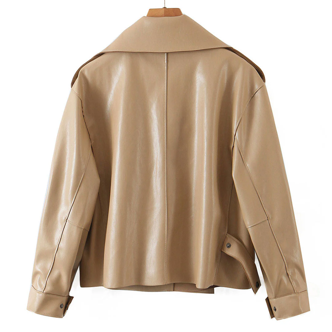 Modern Faux Leather Long Sleeve Collared Cropped Trench Coat - Khaki - Image 3