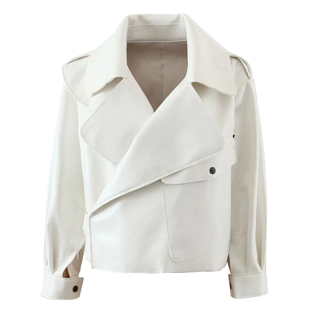 Modern Faux Leather Long Sleeve Collared Cropped Trench Coat - White - Image 2