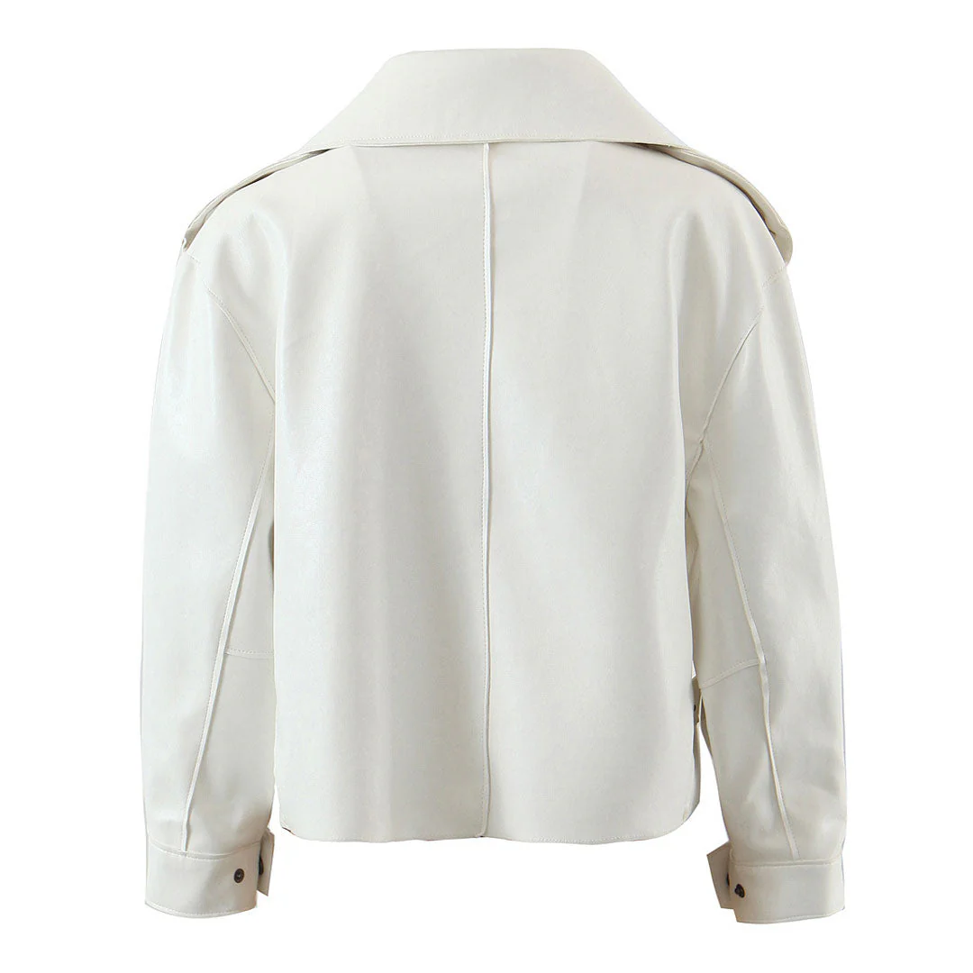 Modern Faux Leather Long Sleeve Collared Cropped Trench Coat - White - Image 3