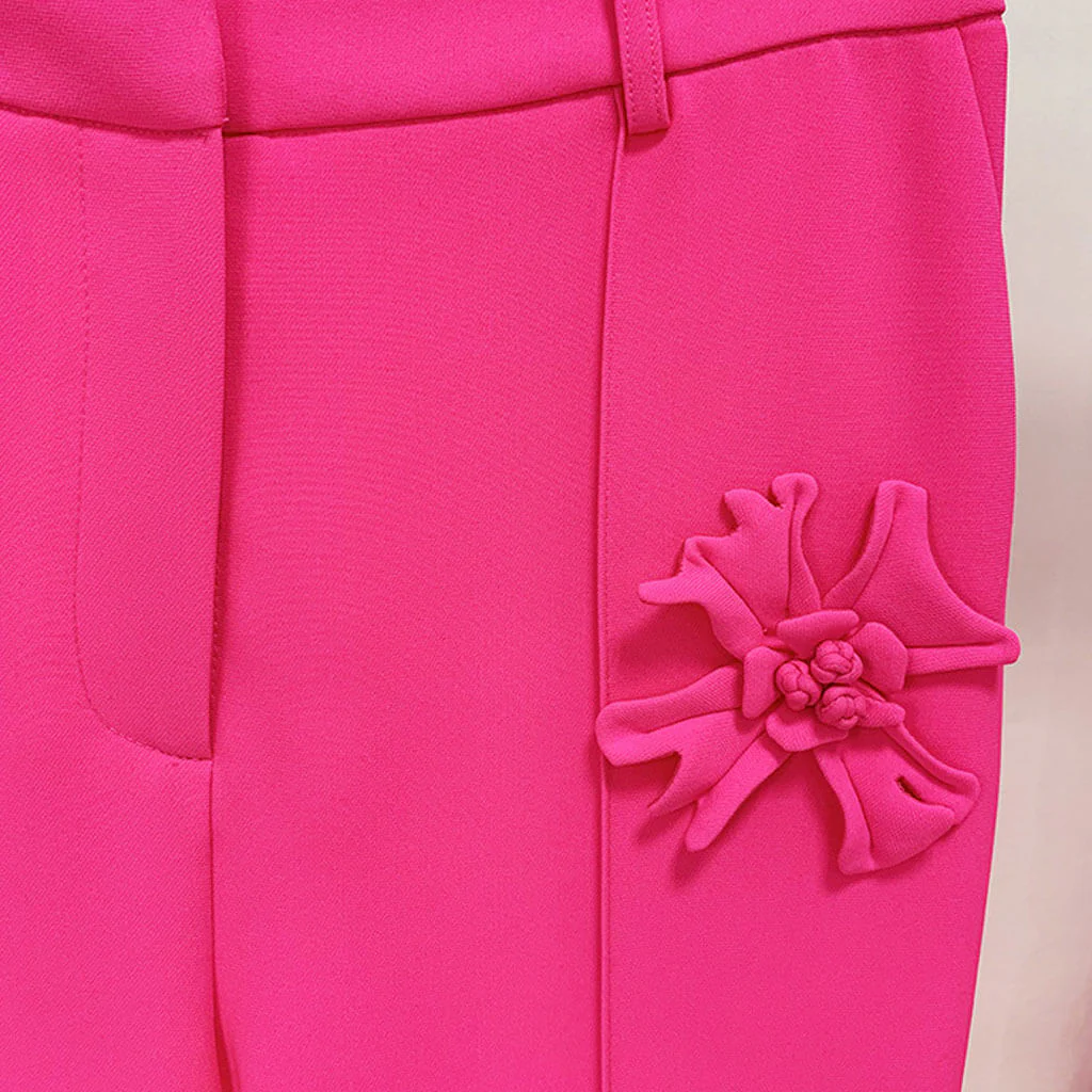 Modern Floral Appliqué High Rise Straight Leg Crepe Pants - Image 4