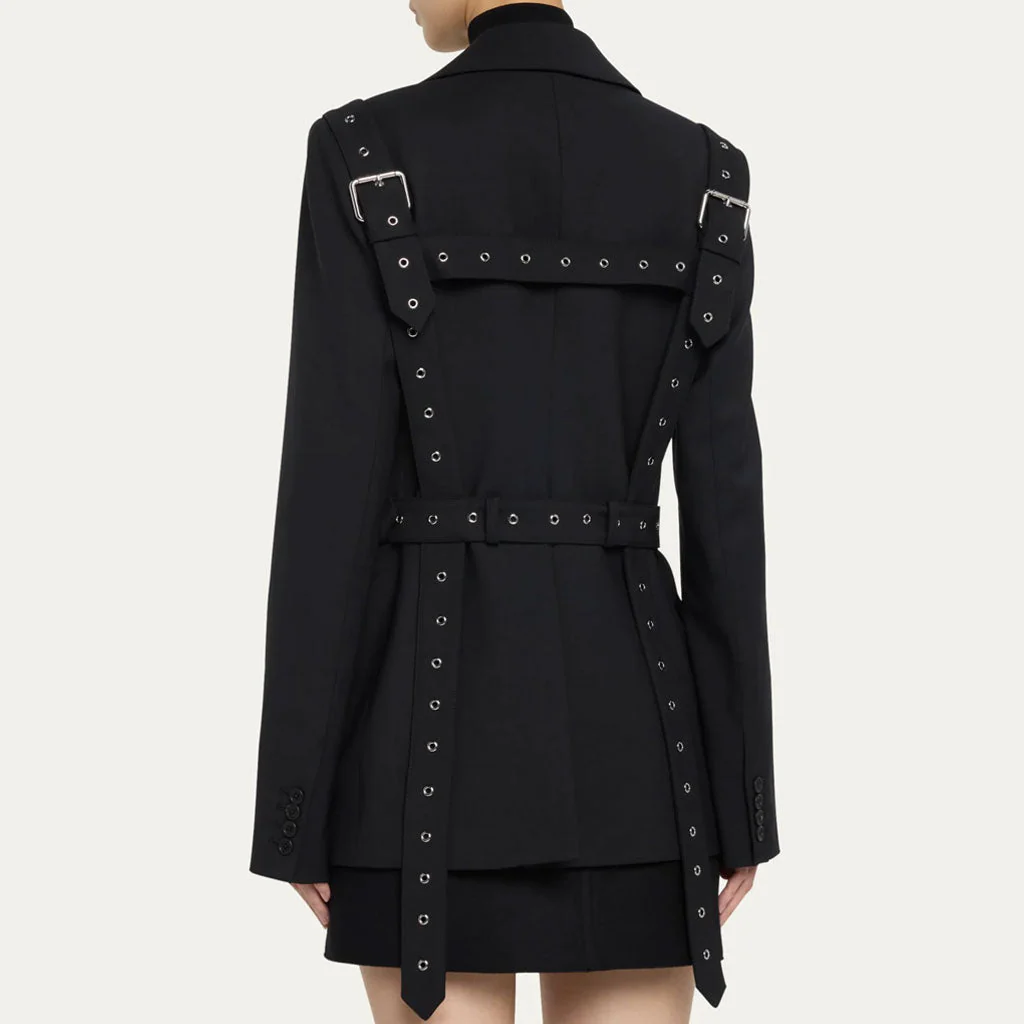 Modern Grommet Eyelet Strappy Buckle Belt Lapel Single Breasted Blazer - Image 2