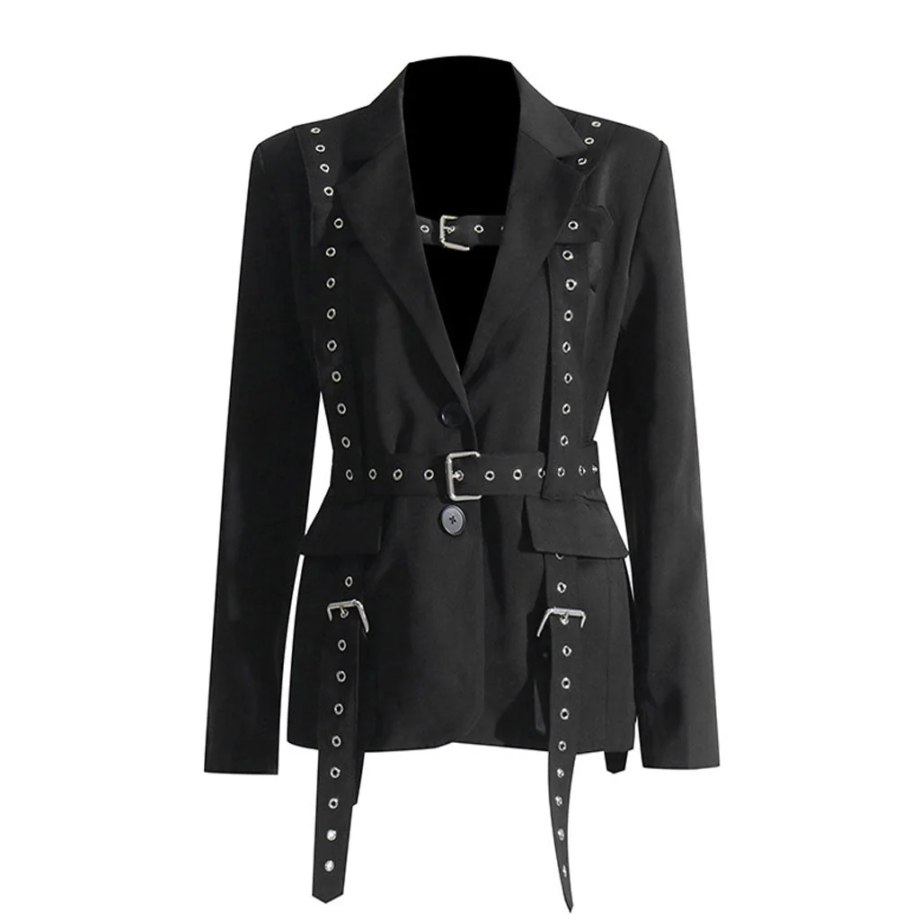 Modern Grommet Eyelet Strappy Buckle Belt Lapel Single Breasted Blazer - Image 4