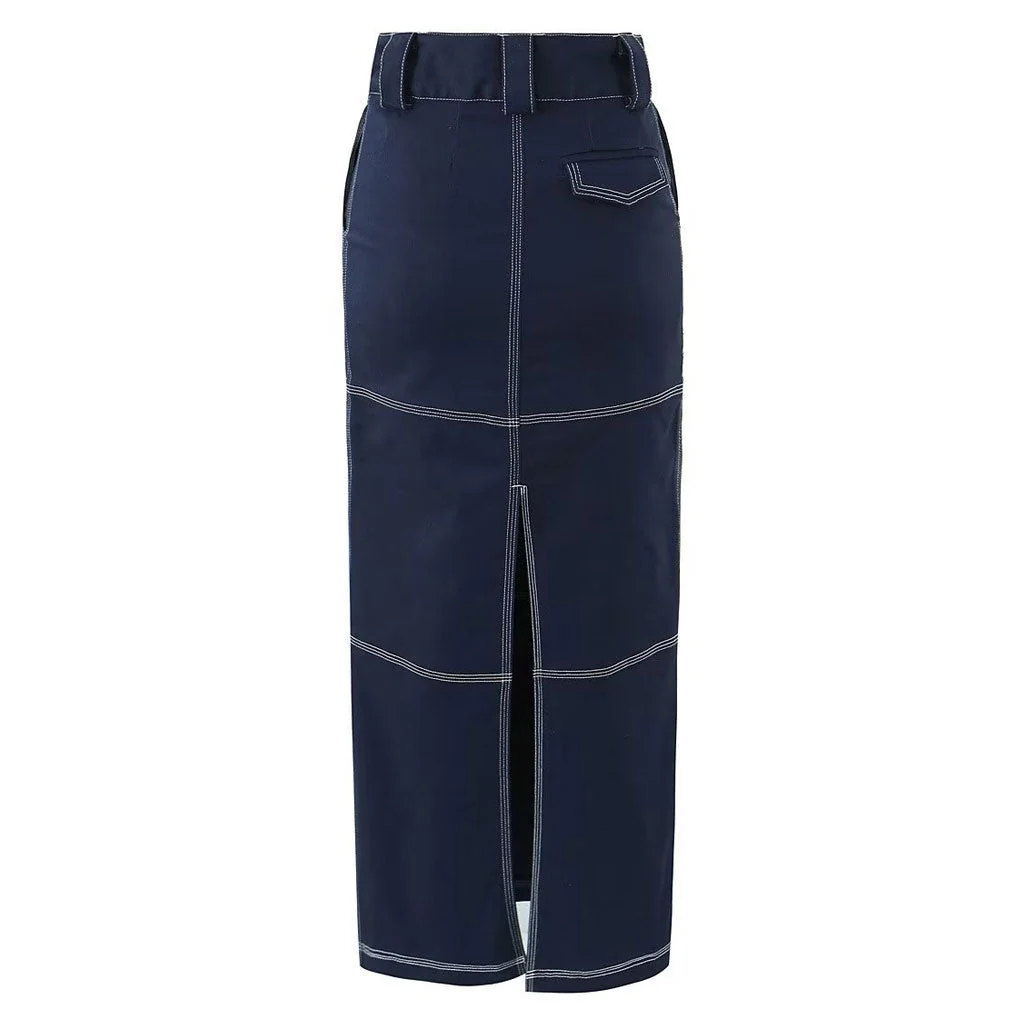 Modern High Waist Contrast Stitch Cotton Blend Back Split Maxi Straight Skirt - Image 2