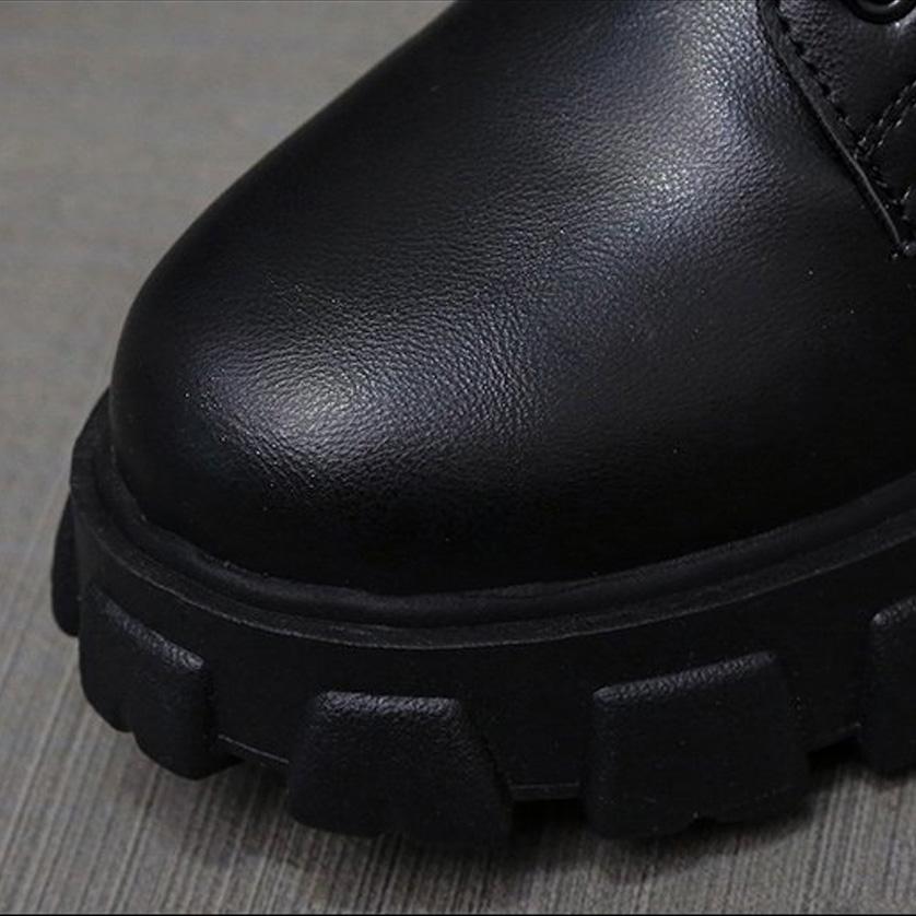 Modern Lace Up Zip Side Lug Sole Chunky Heel Mid Calf Boots - Black - Image 3