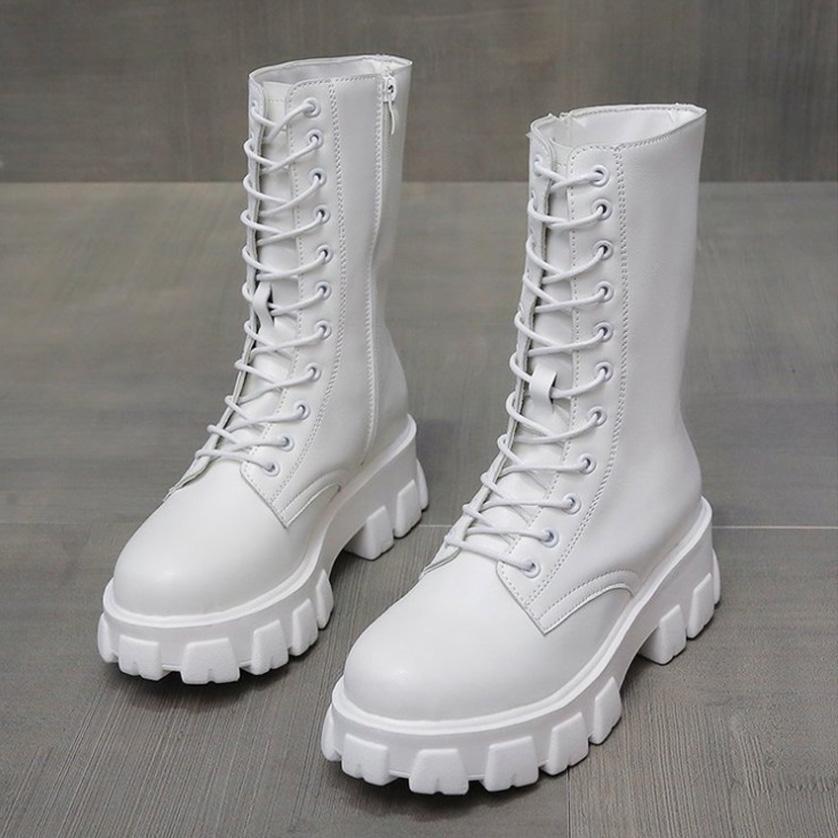 Modern Lace Up Zip Side Lug Sole Chunky Heel Mid Calf Boots - White - Image 2