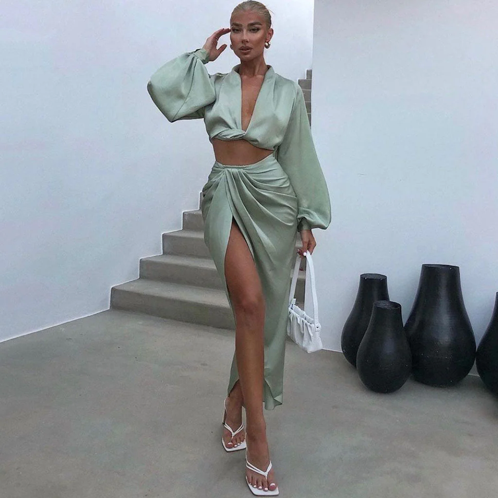 Modern Long Sleeve High Slit Satin Skirt Matching Set - Green - Image 2