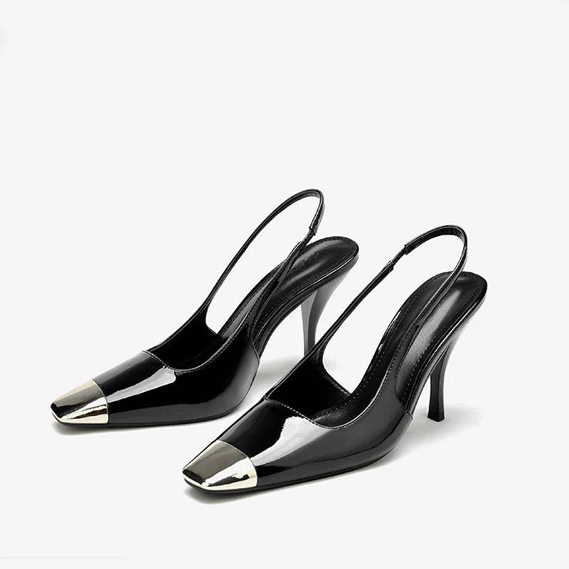 Modern Metal Square Toe Patent Slingback High Heel Pumps - Black - Image 4