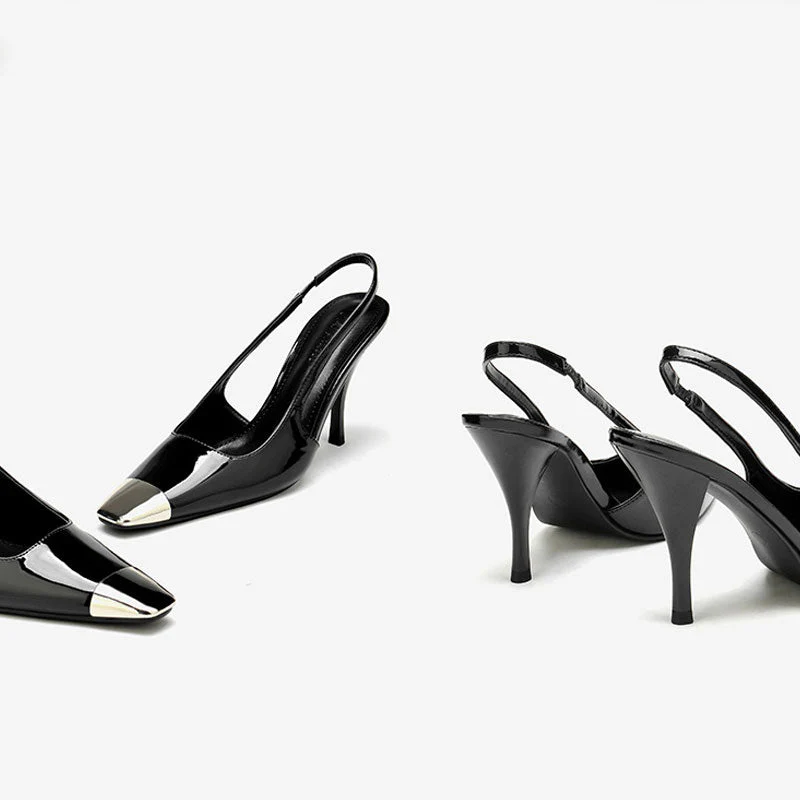 Modern Metal Square Toe Patent Slingback High Heel Pumps - Black - Image 5