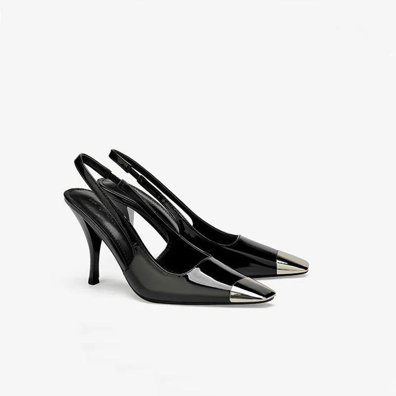 Modern Metal Square Toe Patent Slingback High Heel Pumps - Black - Image 6