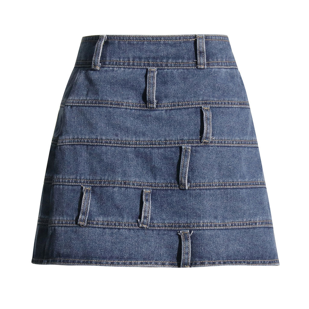 Modern Patchwork Buckle Belted High Waist A Line Mini Denim Skirt - Image 2