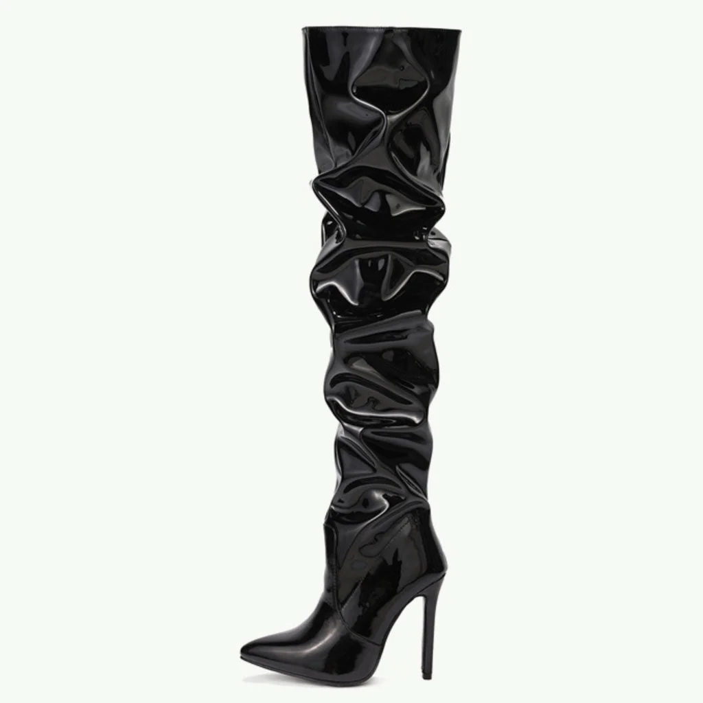Modern Pointed Toe Stiletto Heel Leather Thigh High Boots - Black - Image 3