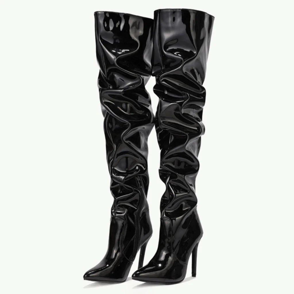 Modern Pointed Toe Stiletto Heel Leather Thigh High Boots - Black - Image 4