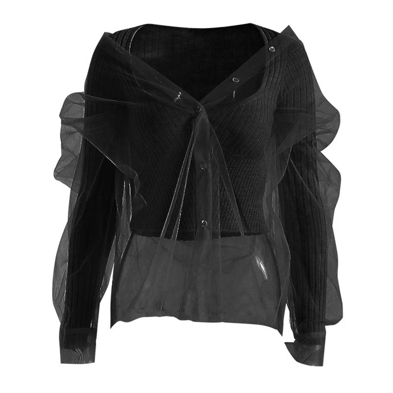 Modern Sheer Layered Sweetheart Neck Long Sleeve Ribbed Knit Crop Top - Image 2