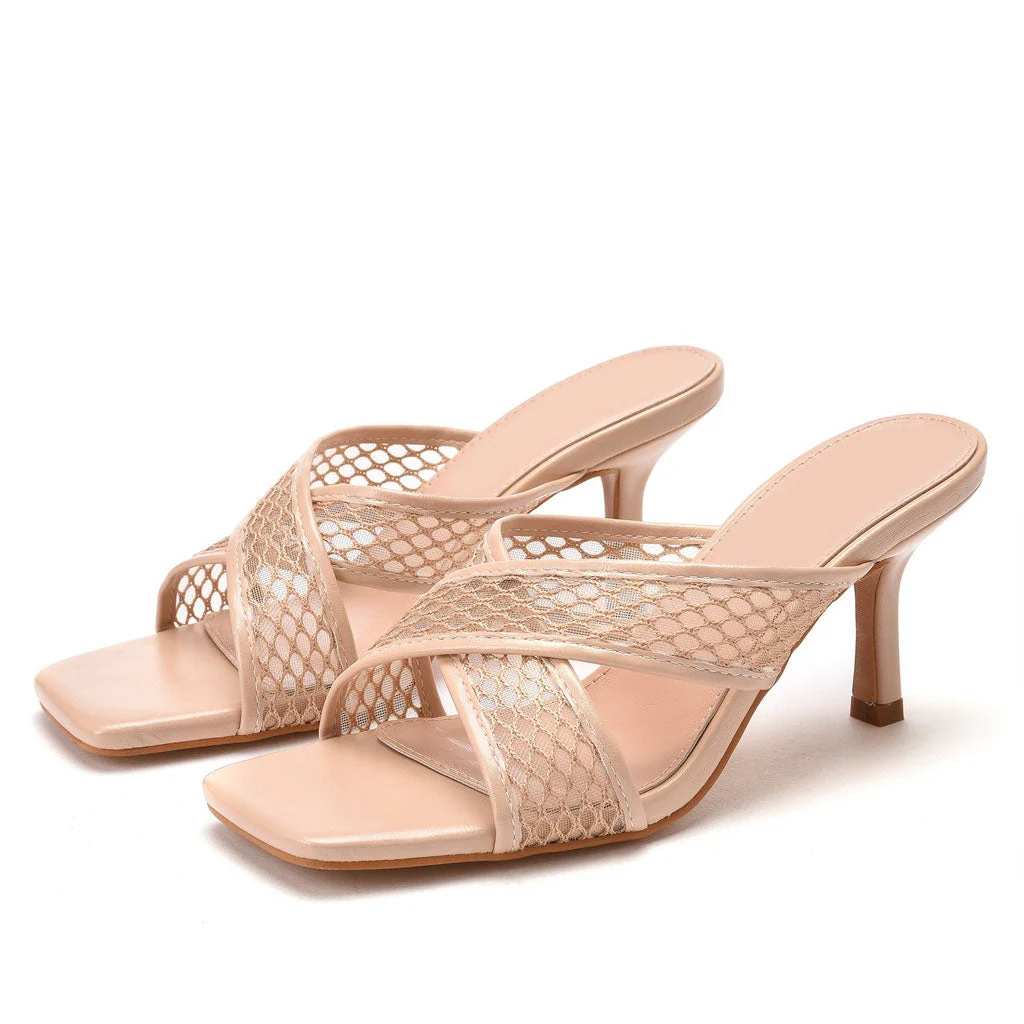 Modern Solid Crisscross Mesh Net Stiletto Mules - Apricot - Image 2