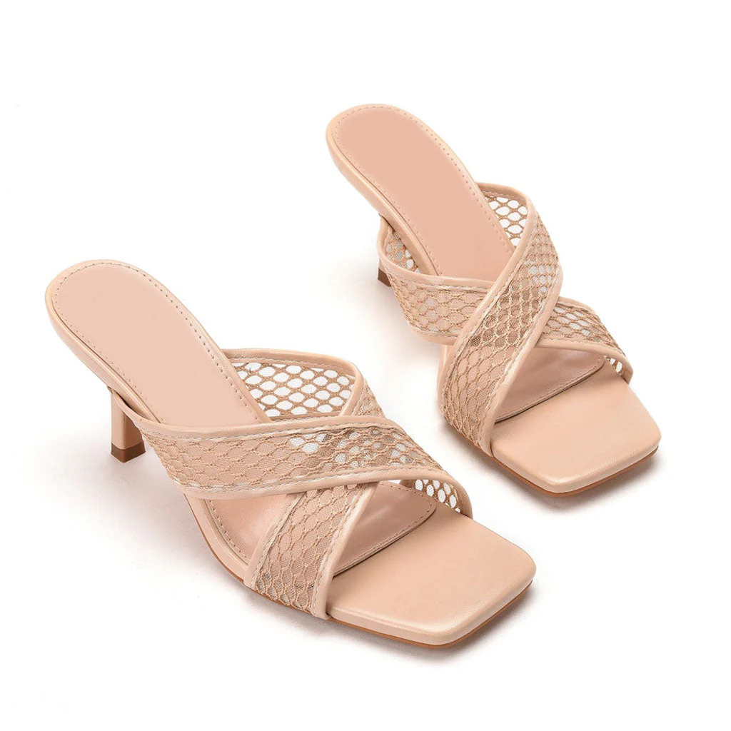 Modern Solid Crisscross Mesh Net Stiletto Mules - Apricot - Image 3