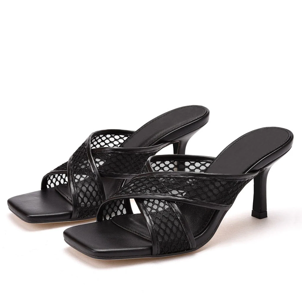 Modern Solid Crisscross Mesh Net Stiletto Mules - Black - Image 2