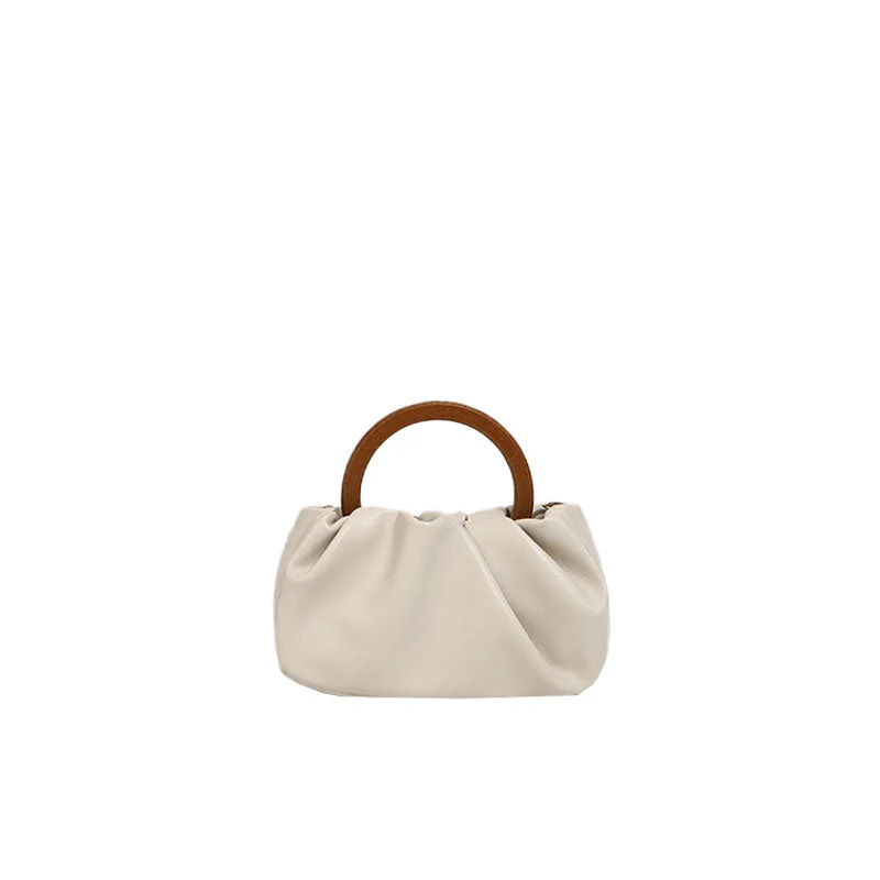 Modern Style Loop Top Scrunch Trim Leather Tote Bag - Beige - Image 3