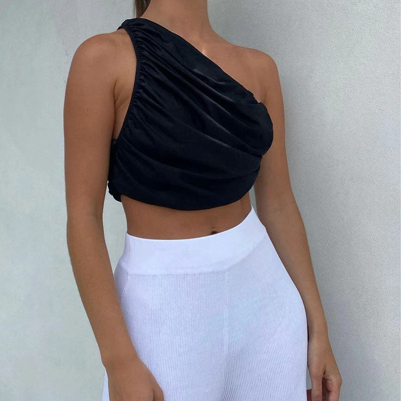 Modern Style Ruched Trim One Shoulder Cropped Tank Top - Black - Image 2