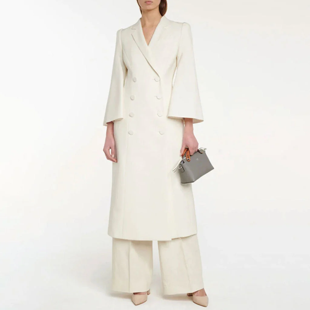Monochrome Notched Lapel Double Breasted 3/4 Bell Sleeve Back Split Tailored Coat - Image 4