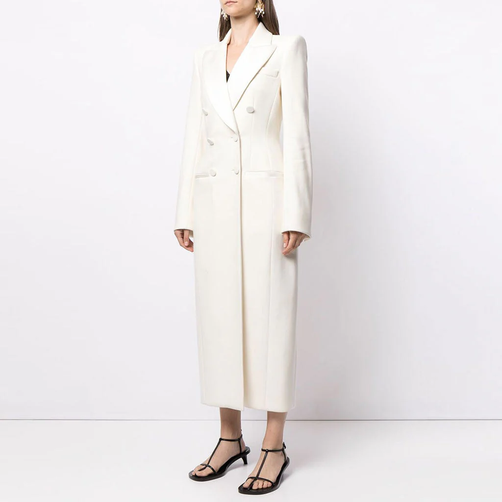 Monochrome Peak Lapel Long Sleeve Double Breasted Back Split Tailored Coat - Image 2