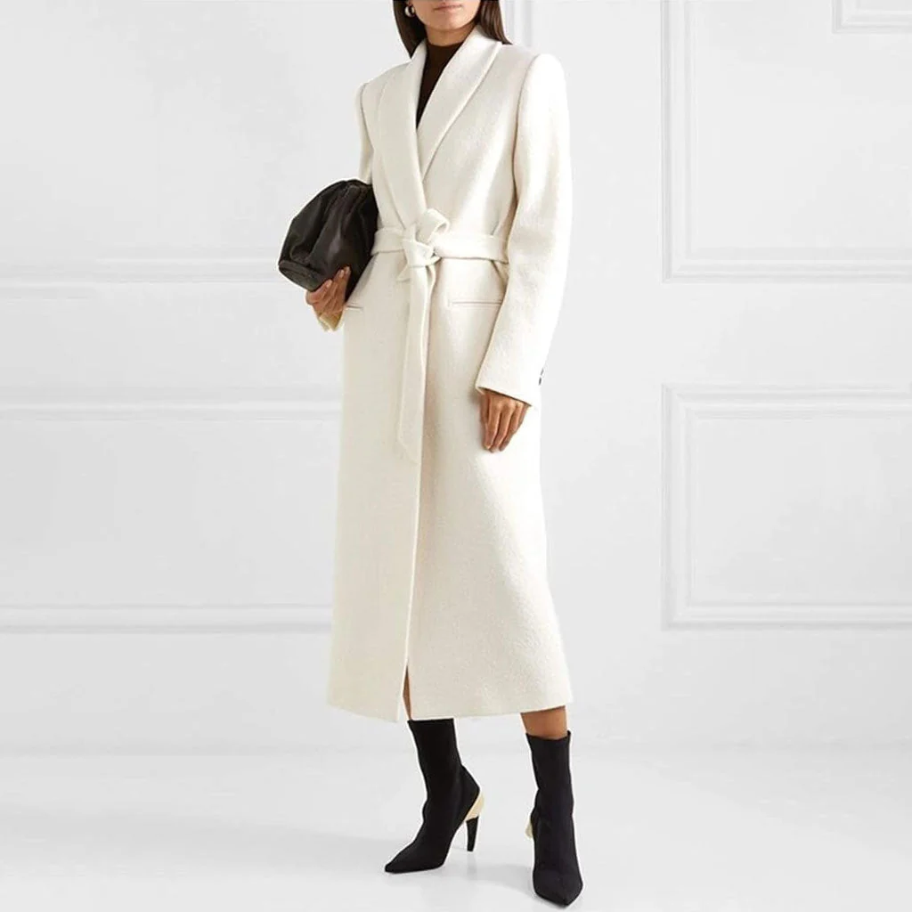 Monochrome Shawl Collar Long Sleeve Single Breasted Belted Wool Blend Coat - Image 2