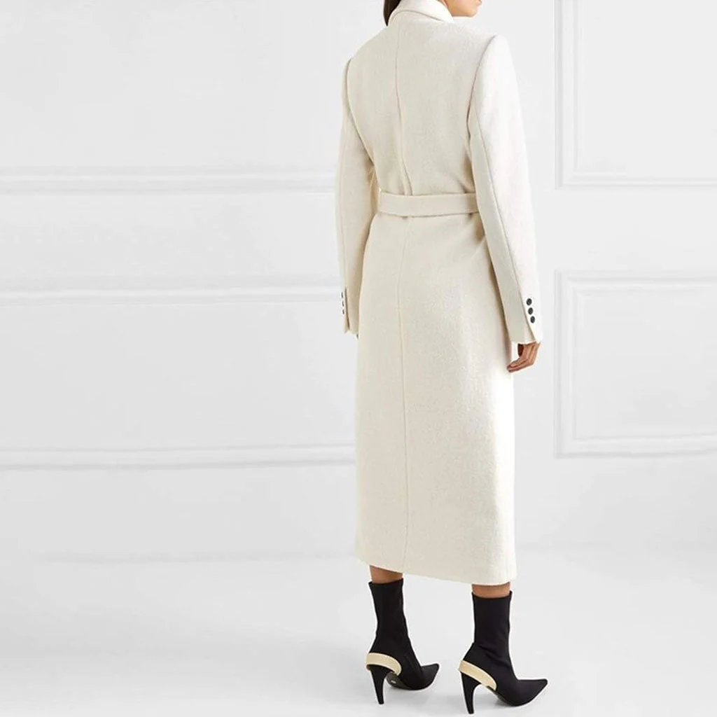 Monochrome Shawl Collar Long Sleeve Single Breasted Belted Wool Blend Coat - Image 3