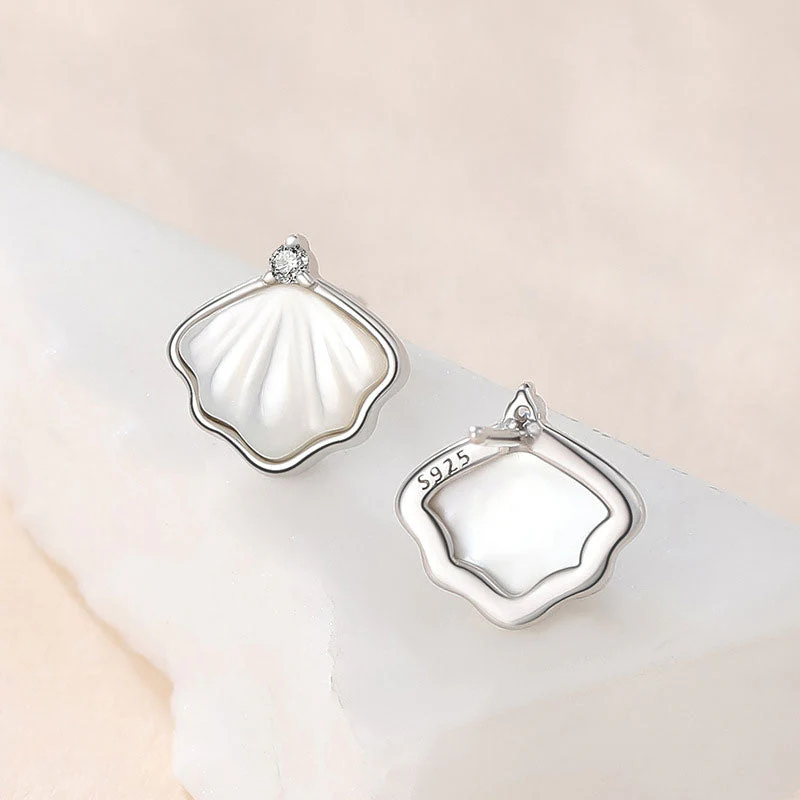 Mother of Pearl Rhodium Plated Cubic Zirconia Ginkgo Leaf Stud Earrings - Image 2