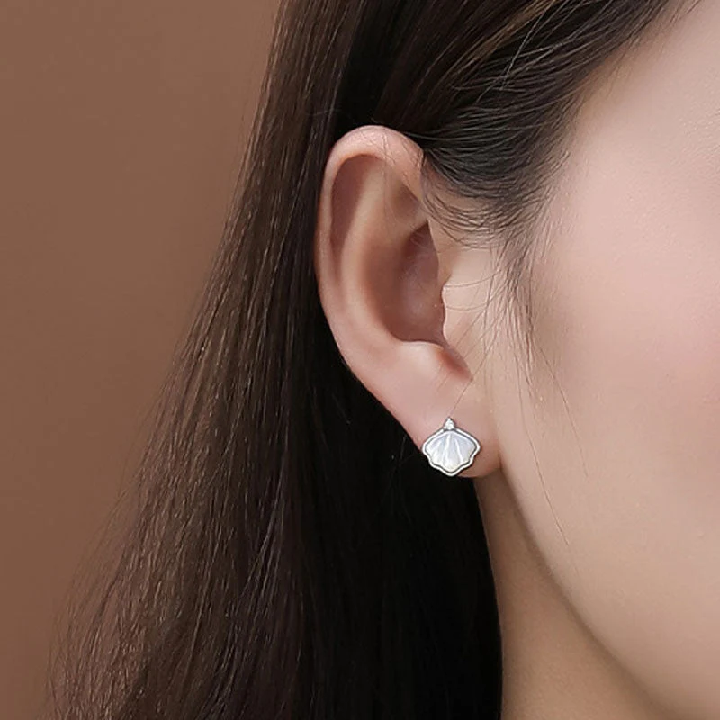 Mother of Pearl Rhodium Plated Cubic Zirconia Ginkgo Leaf Stud Earrings - Image 4