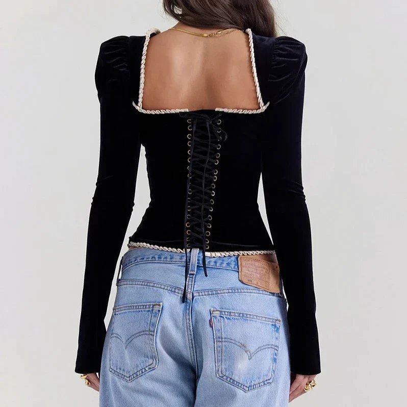 Black SQUARE Collar Lace UP BLOUSE - Image 2
