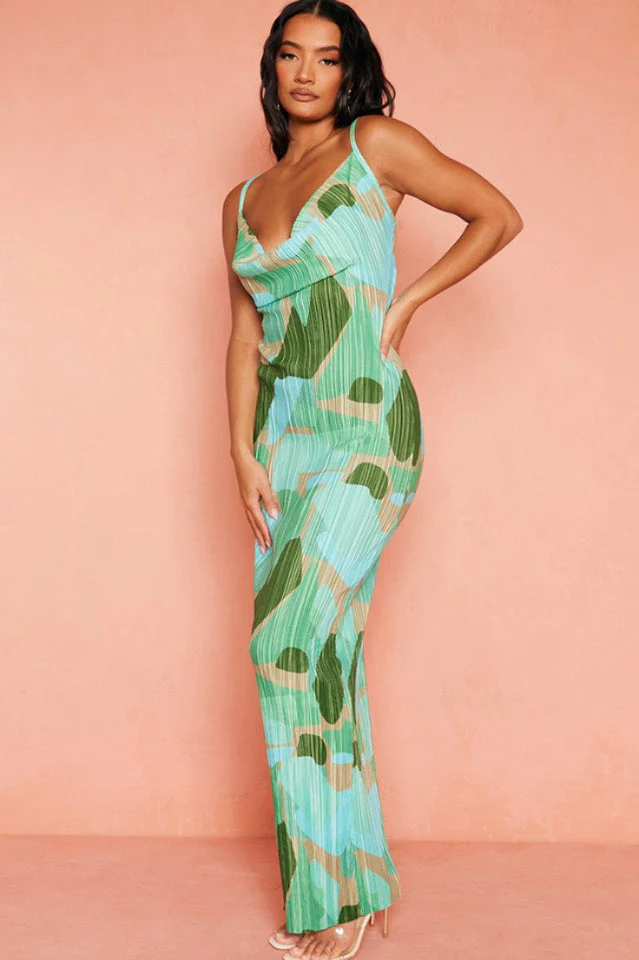 Multi Watercolor Plisse Strappy Maxi Dress - Image 3