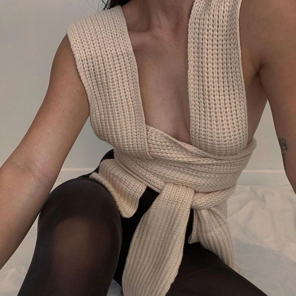 Multi-Way Bandage Tie Strap Cropped Knit Tank Top - Apricot - Image 2