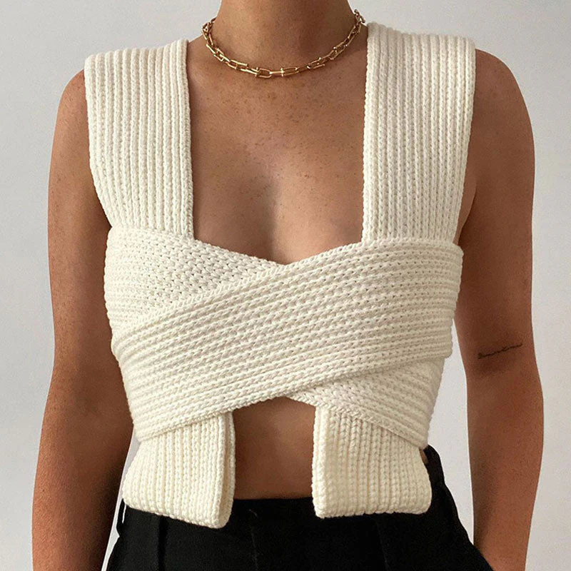 Multi-Way Bandage Tie Strap Cropped Knit Tank Top - White - Image 3