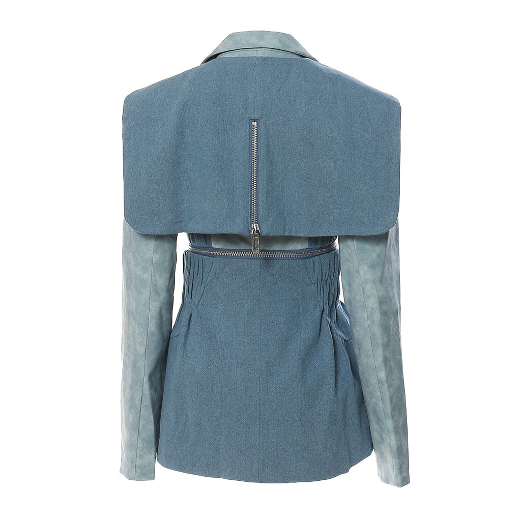 Multi Way Detachable Shawl Notch Lapel Zip Up Leather Hybrid Denim Blazer - Image 2