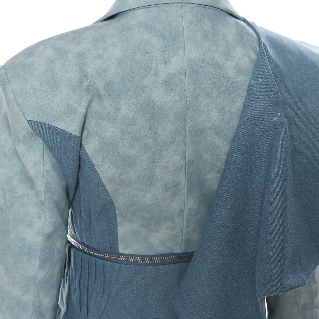 Multi Way Detachable Shawl Notch Lapel Zip Up Leather Hybrid Denim Blazer - Image 3