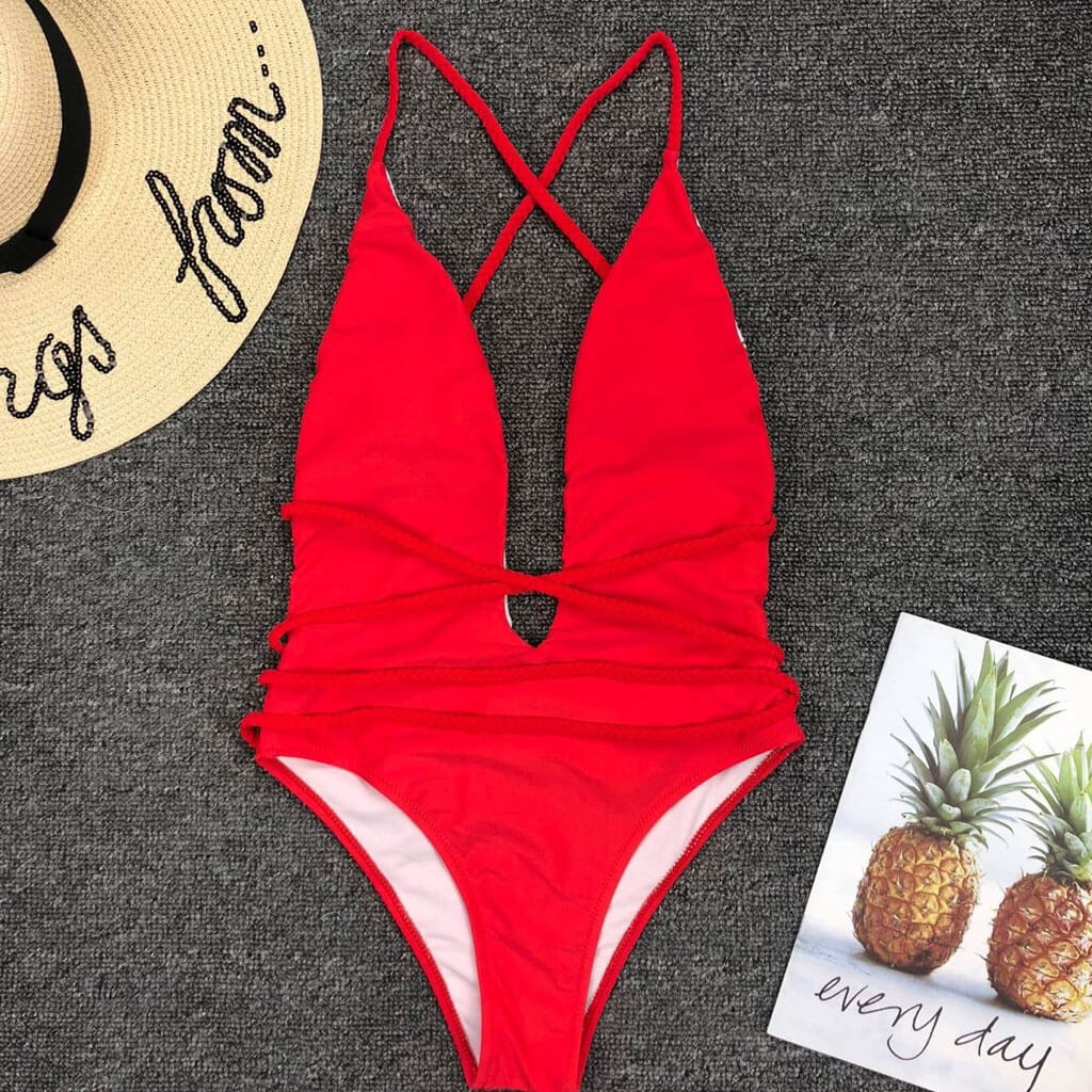 Multi-Way Low Back High Leg Brazilian One Piece Swimsuit - Red - Image 3