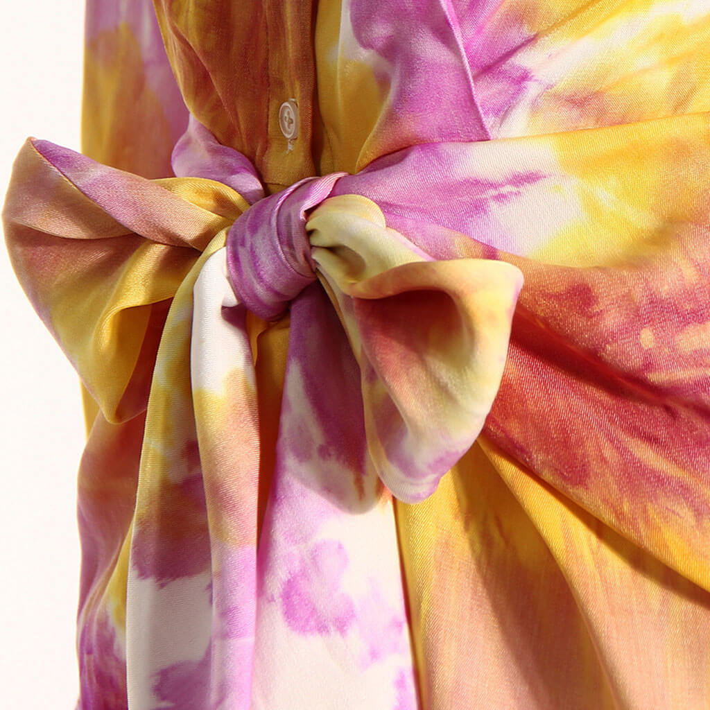 Multicolor Tie Dye Print Collared Long Sleeve Tie Front Button Up Mini Shirt Dress - Image 3