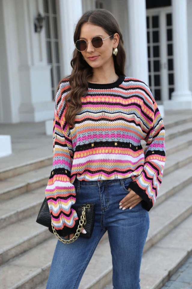 Multicolored Stripe Round Neck Cover-Up - Image 3