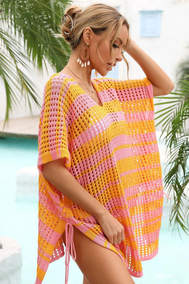 Multicolored Stripe V Neck Cover Up - Image 13