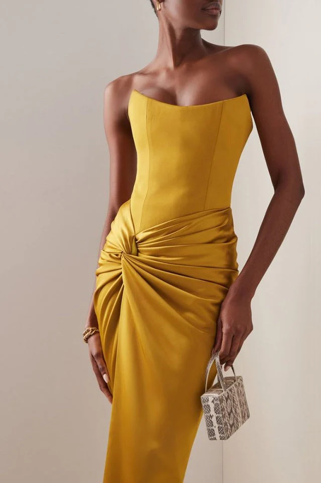 Mustard Draped Satin Corset Maxi Dress - Image 2