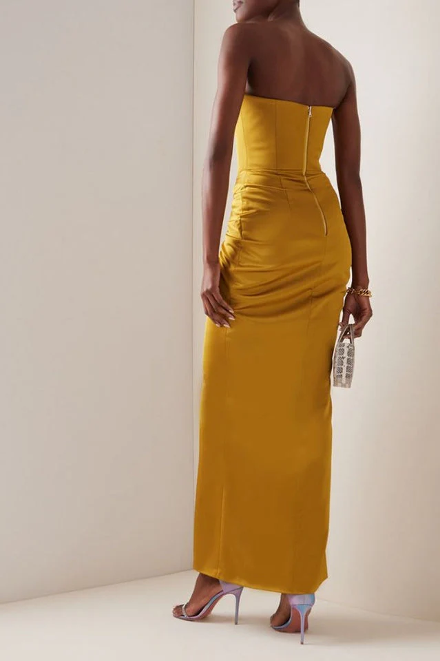 Mustard Draped Satin Corset Maxi Dress - Image 4