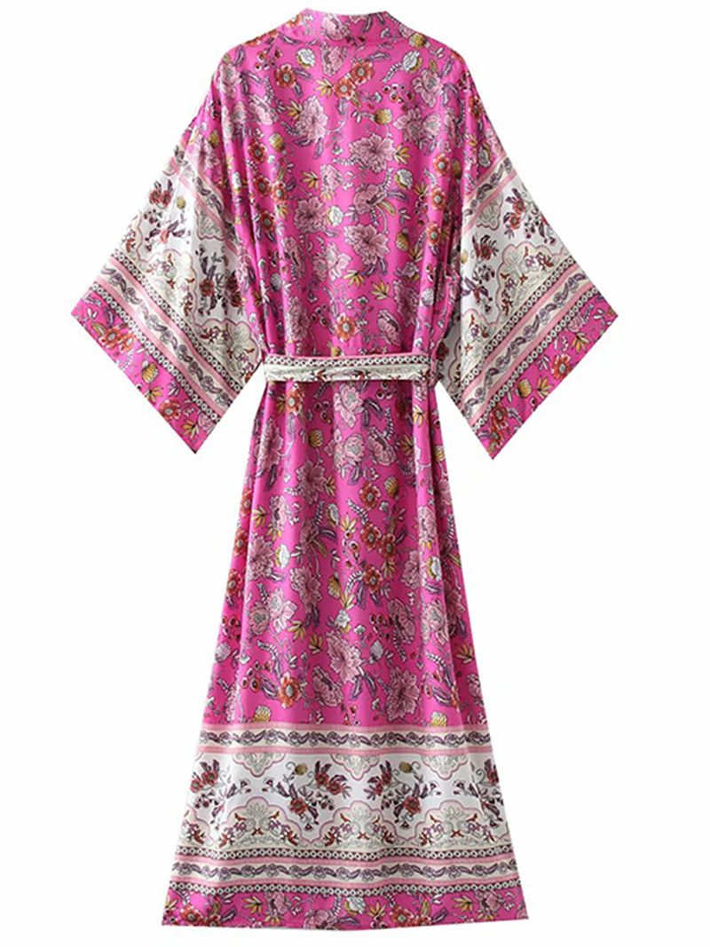 Plant Flowers Print Rose-Red Color Cotton Long Length Gown Kimono Duster Robe - Image 2