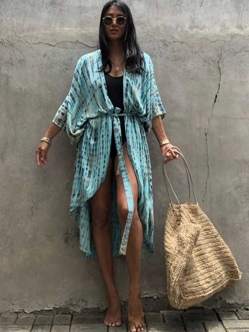 Tie-Dye Print Different Colors Rayon Long Length Gown Kimono Duster Robe - Image 4