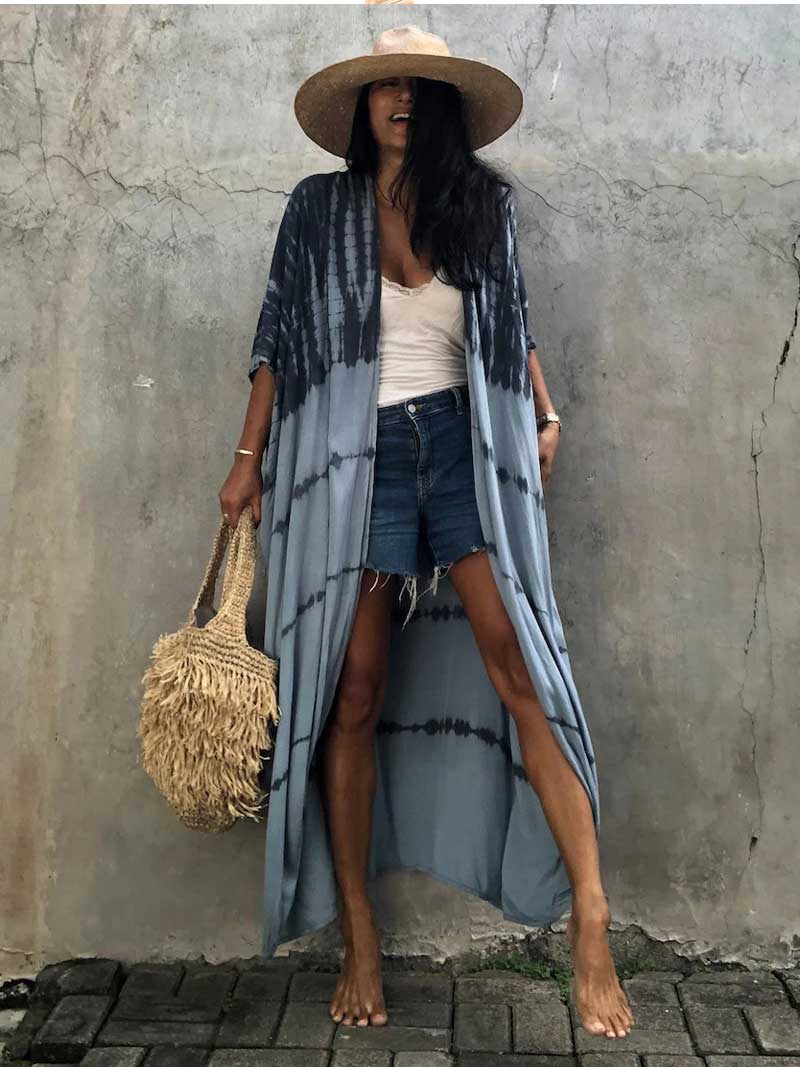 Tie-Dye Print Different Colors Rayon Long Length Gown Kimono Duster Robe - Image 14