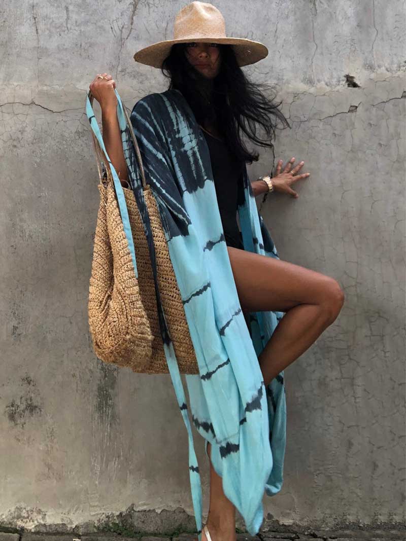 Tie-Dye Print Different Colors Rayon Long Length Gown Kimono Duster Robe - Image 15