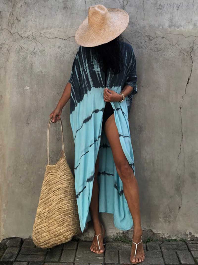 Tie-Dye Print Different Colors Rayon Long Length Gown Kimono Duster Robe - Image 5