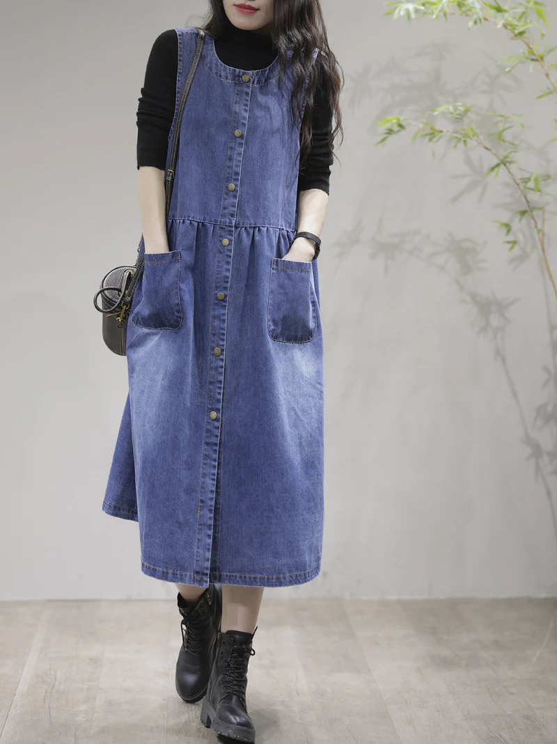 My Memories Casual Round Neck Denim Dress - Image 4