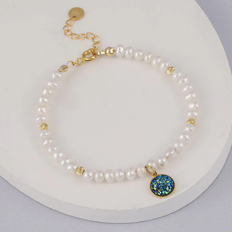 Natural Baroque Pearl Beaded Sterling Silver Quartz Charm Bracelet - Image 2