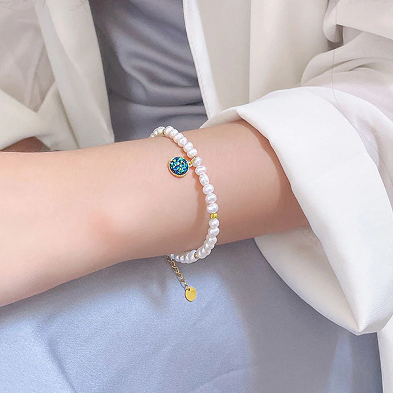 Natural Baroque Pearl Beaded Sterling Silver Quartz Charm Bracelet - Image 4